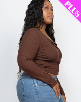 Plus Size Long Sleeve Snap Button Down Crop Top
