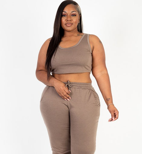 Plus French Terry Cropped Tank Top & Joggers Set