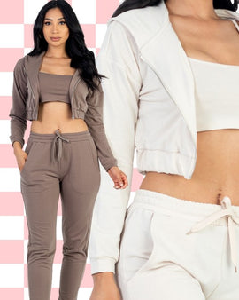 Cropped Cami with Zip-up Jacket and Joggers Set