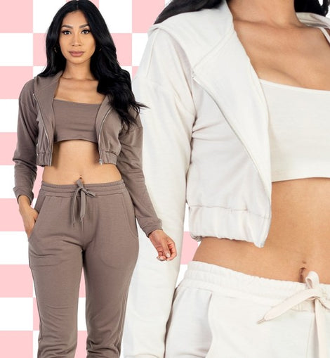 Cropped Cami with Zip-up Jacket and Joggers Set