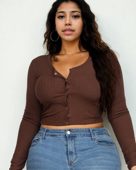 Plus Size Long Sleeve Snap Button Down Crop Top