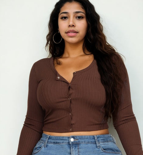 Plus Size Long Sleeve Snap Button Down Crop Top