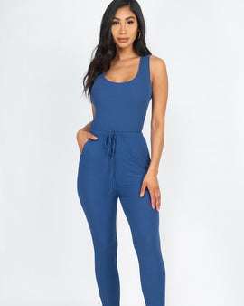 Ribbed Sleeveless Drawstring catsuits Jumpsuit