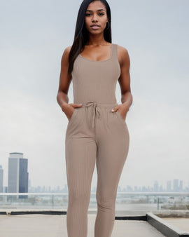 Ribbed Sleeveless Drawstring catsuits Jumpsuit