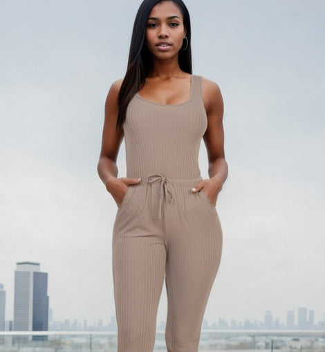 Ribbed Sleeveless Drawstring catsuits Jumpsuit