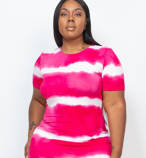PLUS Size Stripe Tie-Dye Printed Midi Dress