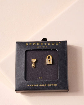 Secret Box Lock Key CZ Gold Dipped Stud Earrings
