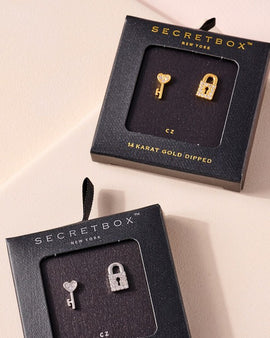 Secret Box Lock Key CZ Gold Dipped Stud Earrings