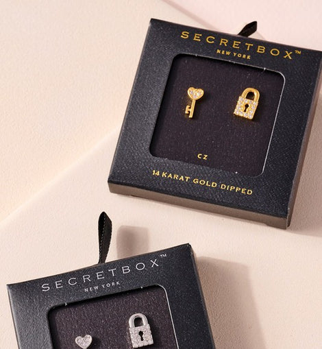 Secret Box Lock Key CZ Gold Dipped Stud Earrings