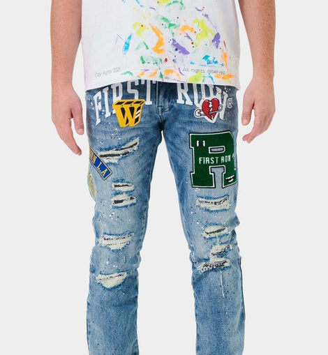 VARSITY PATCHED SLIM DENIM