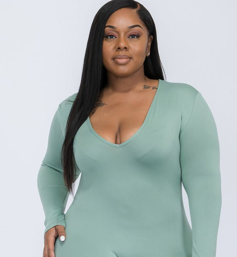 Plus Size V Neck Long Sleeve Bodycon Romper