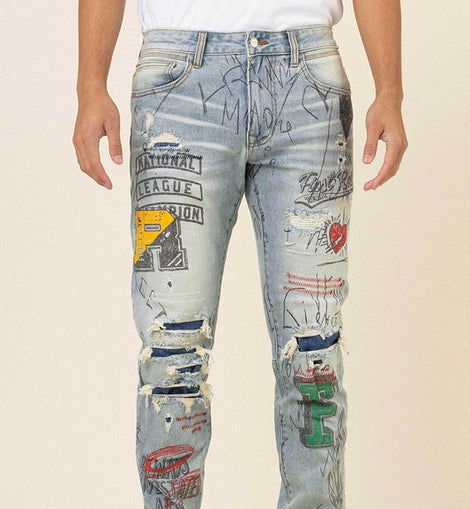 ALL OVER DOODLING SLIM FIT DENIM