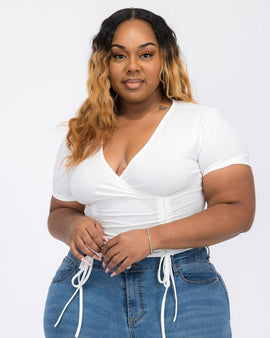 Plus Size Ribbed Ruched Drawstring Surplice Top