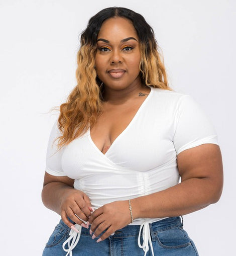 Plus Size Ribbed Ruched Drawstring Surplice Top