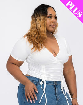 Plus Size Ribbed Ruched Drawstring Surplice Top
