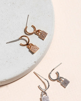 Pave Lock Charm Huggie Earrings