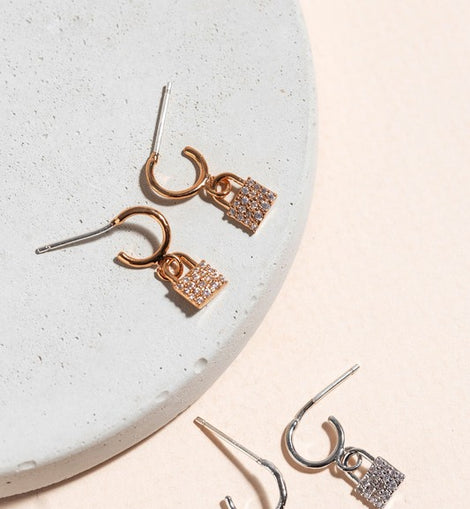 Pave Lock Charm Huggie Earrings