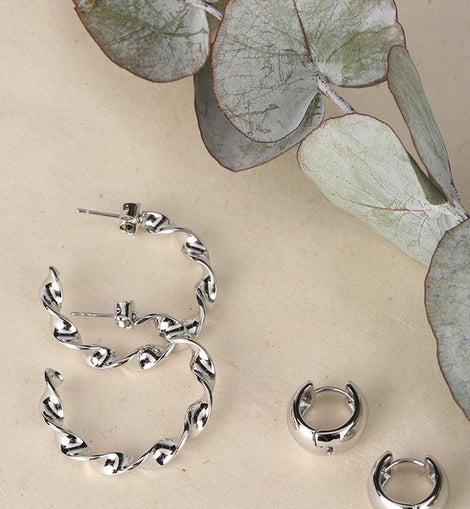 Twisted hoop earring and bold earring set   silver